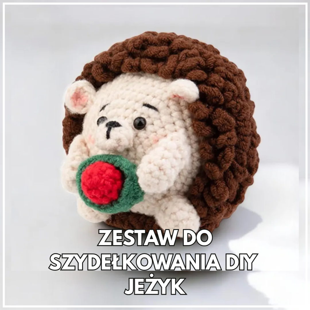 Zestaw do szydełkowania DIY Jeżyk – szydełkowy jeżyk amigurumi z brązową „kolczastą” otoczką i kolorową ozdobą