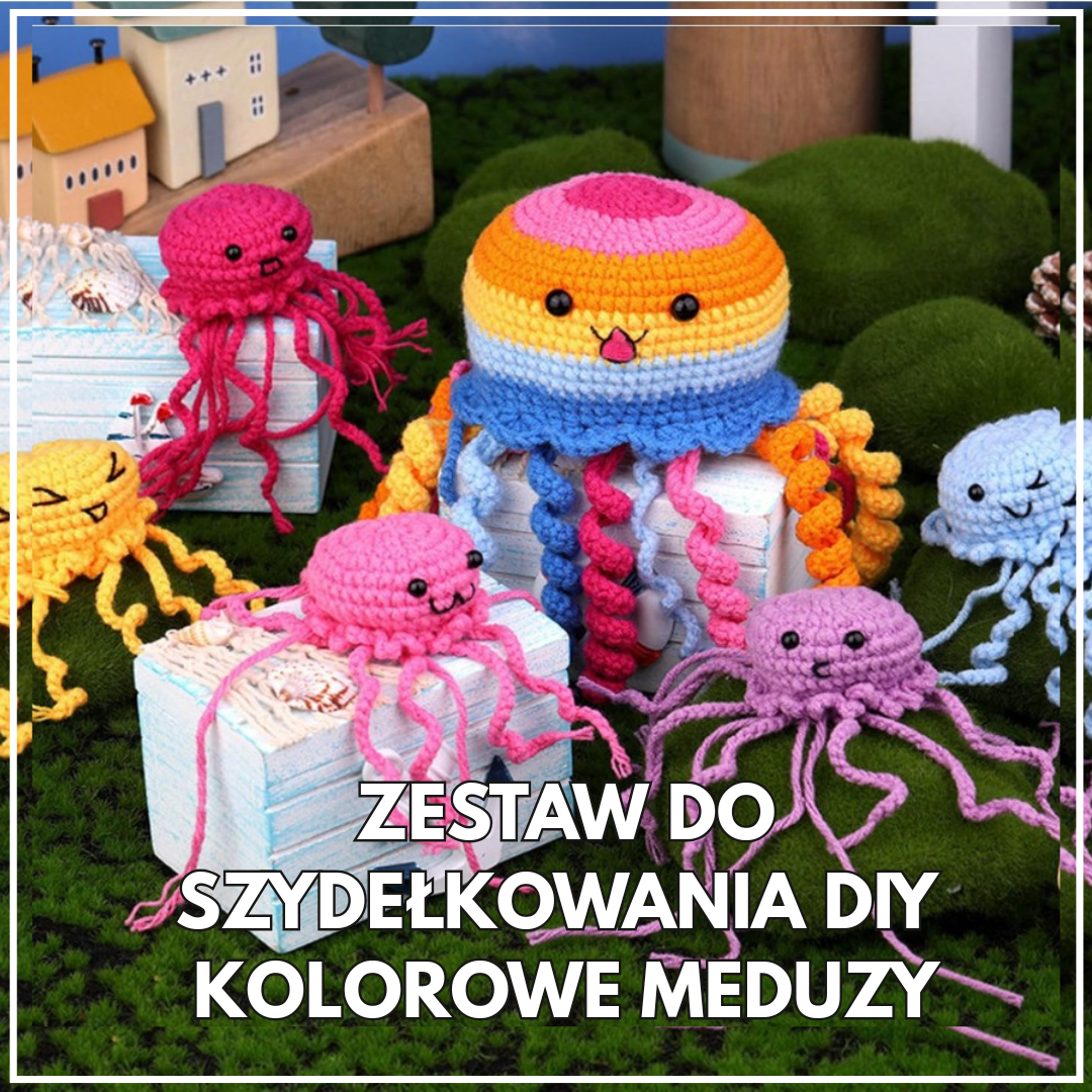Zestaw do szydełkowania DIY Kolorowe Meduzy – zestaw sześciu szydełkowych meduz w różnych kolorach zaprezentowanych w bajkowej scenerii