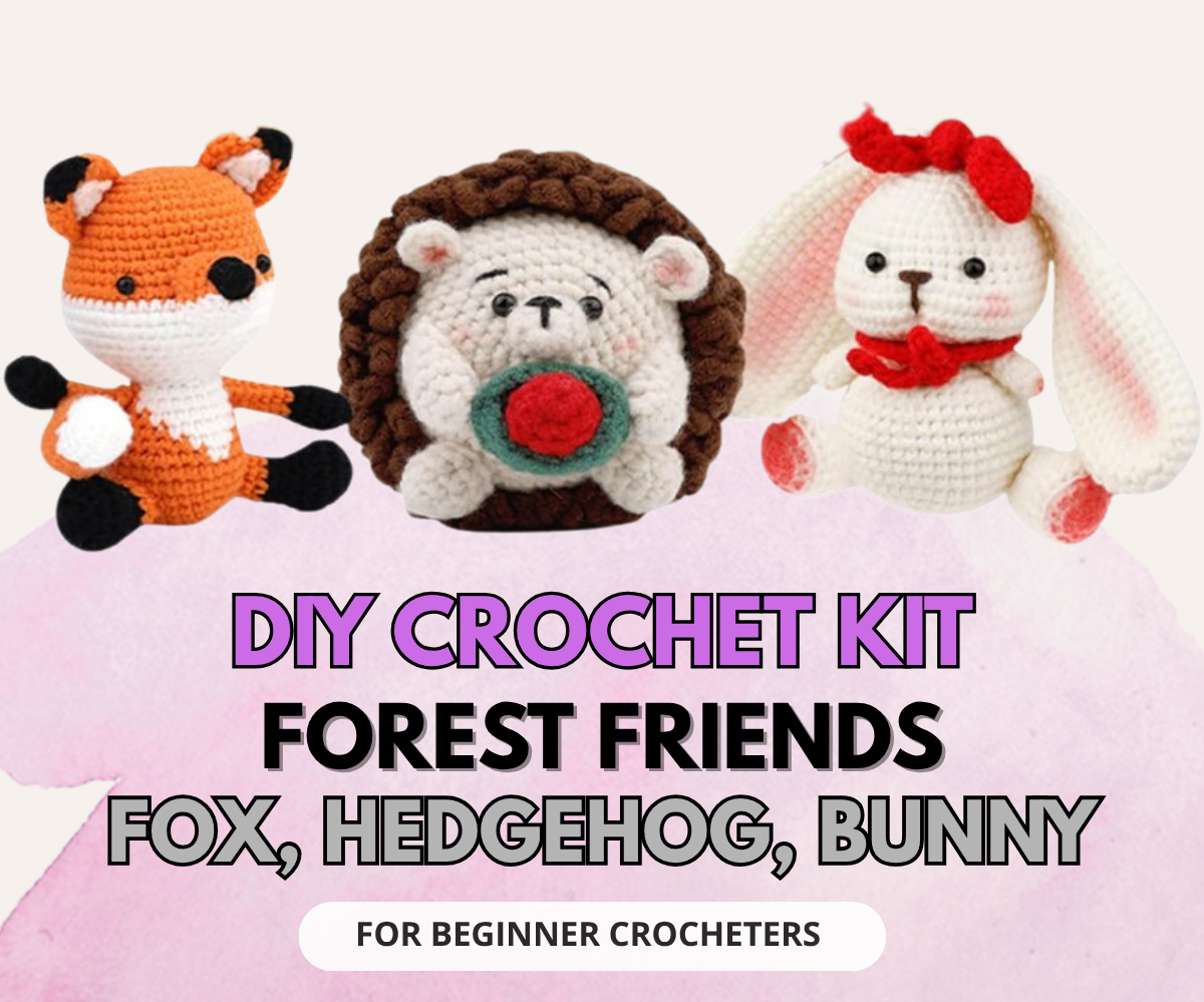 Zestaw do szydełkowania DIY Leśni Przyjaciele – lisek, jeżyk i króliczek jako szydełkowe maskotki