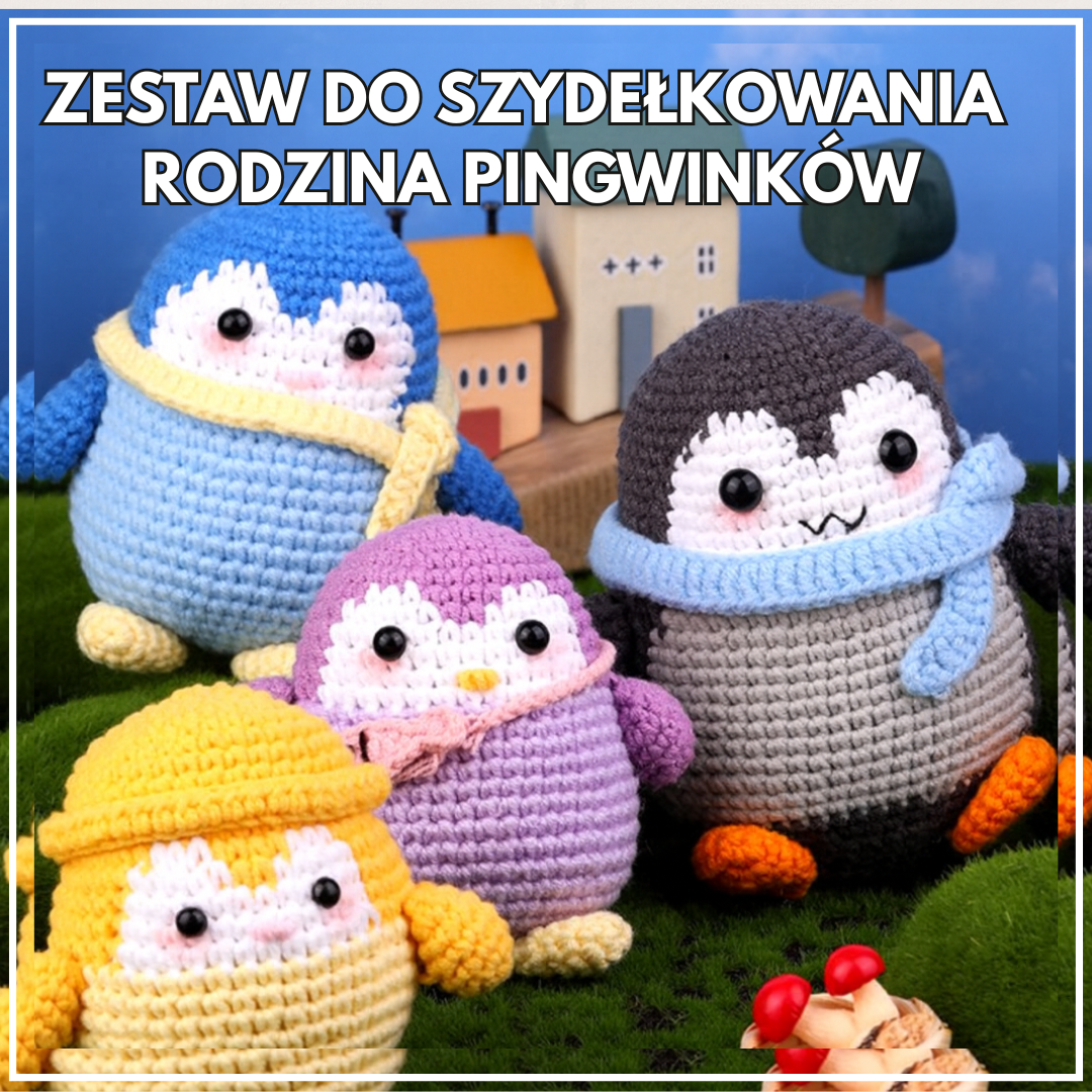Zestaw do szydełkowania DIY Rodzina Pingwinków – cztery kolorowe pingwiny amigurumi ustawione na zielonej scenerii