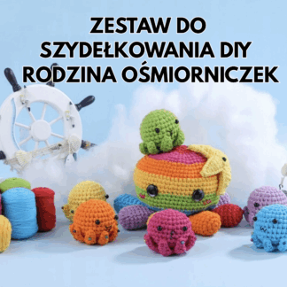 Zestaw do szydełkowania DIY Rodzina Ośmiorniczek – duża tęczowa ośmiornica i sześć małych szydełkowych maskotek