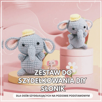 Zestaw do szydełkowania DIY Słonik – dwa szare szydełkowe słoniki z małymi kapelusikami na pastelowej scenie