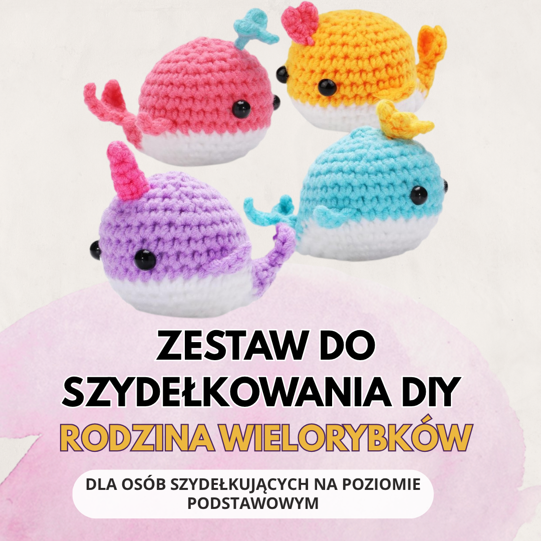 Zestaw do szydełkowania DIY Rodzina Wielorybków – materiały do wykonania trzech maskotek