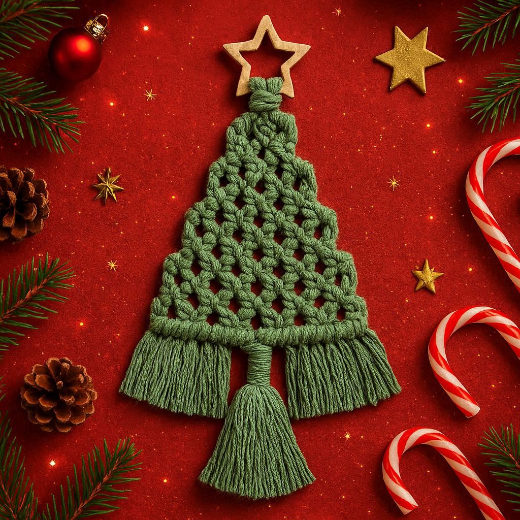 Makramowe choinki boho w trzech kolorach – dekoracje wykonane ze sznurka z zestawu do makramy DIY