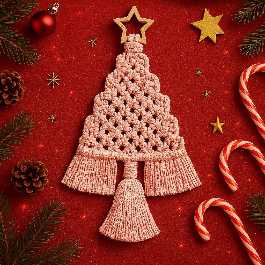 Makramowe choinki boho w trzech kolorach – dekoracje wykonane ze sznurka z zestawu do makramy DIY