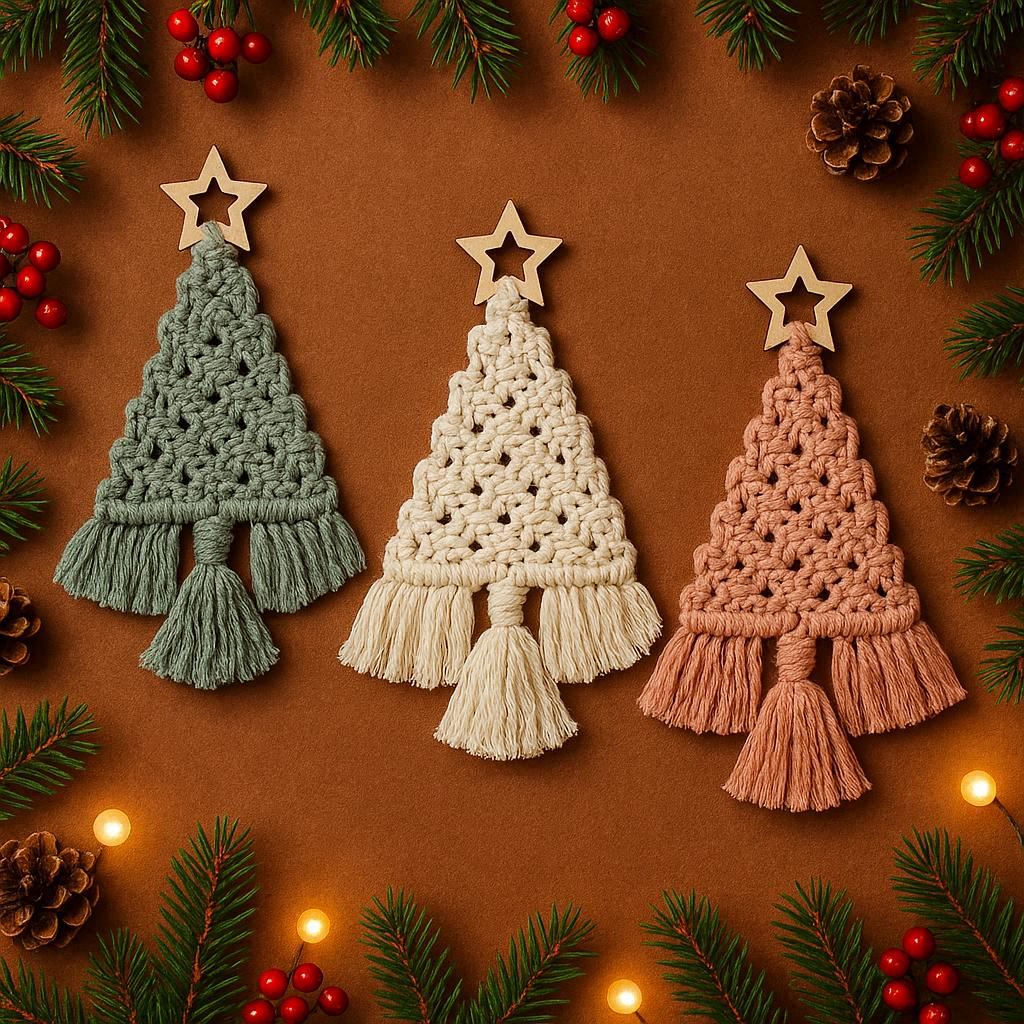 Makramowe choinki boho w trzech kolorach – dekoracje wykonane ze sznurka z zestawu do makramy DIY