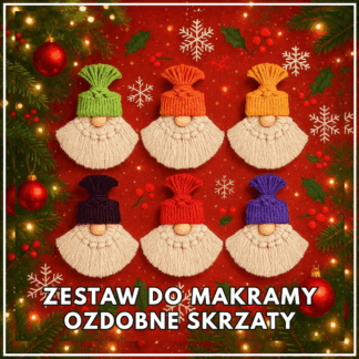 Makramowe krasnoludki w sześciu kolorach czapek – dekoracje świąteczne wykonane z zestawu do makramy