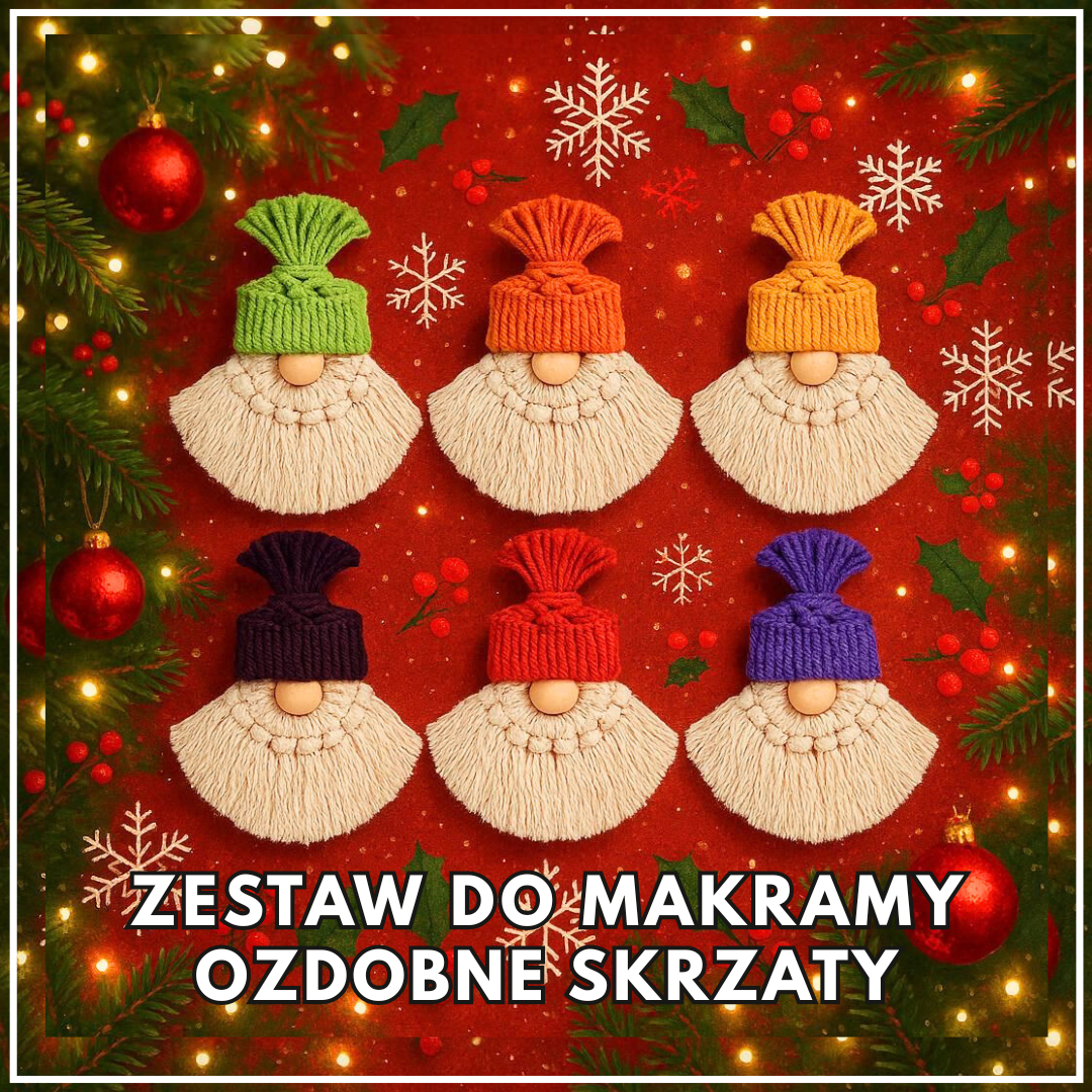 Makramowe krasnoludki w sześciu kolorach czapek – dekoracje świąteczne wykonane z zestawu do makramy