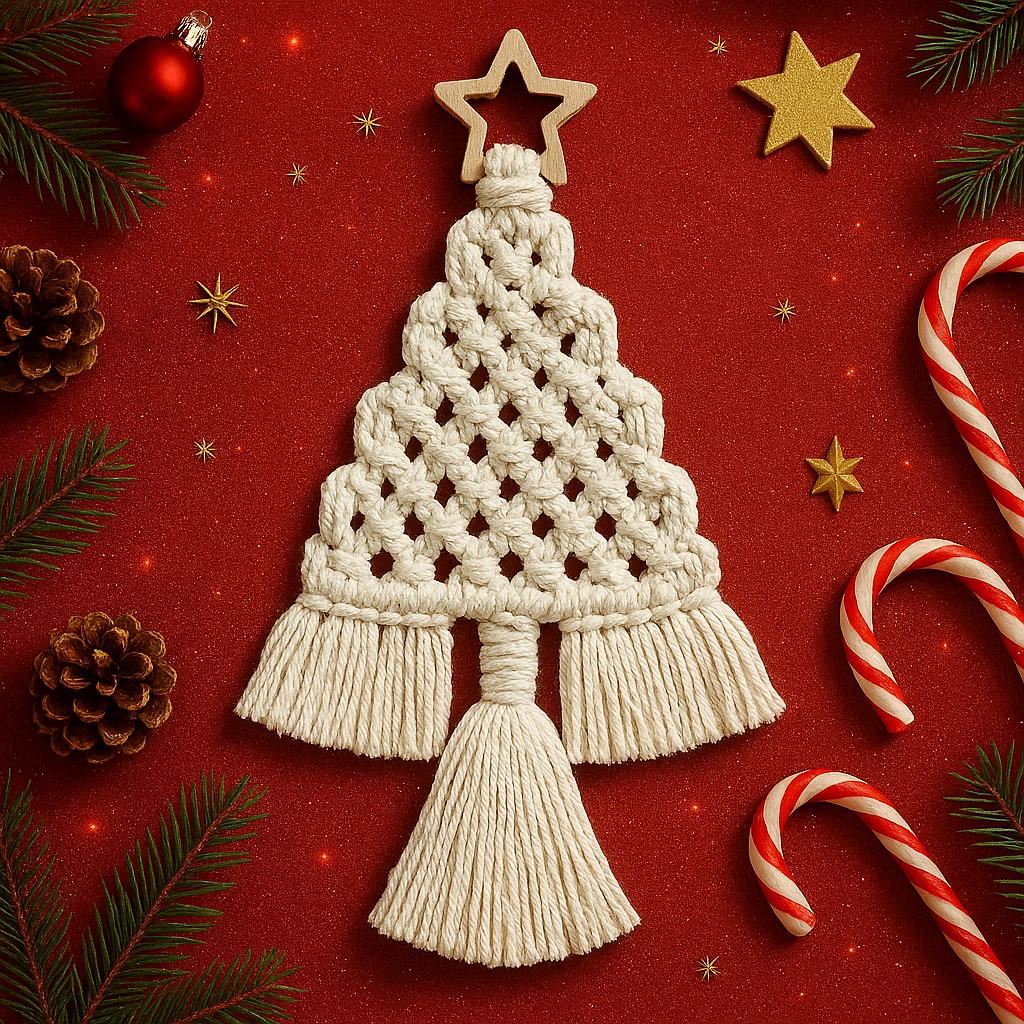 Makramowe choinki boho w trzech kolorach – dekoracje wykonane ze sznurka z zestawu do makramy DIY