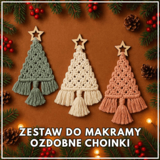 Makramowe choinki boho w trzech kolorach – dekoracje wykonane ze sznurka z zestawu do makramy DIY