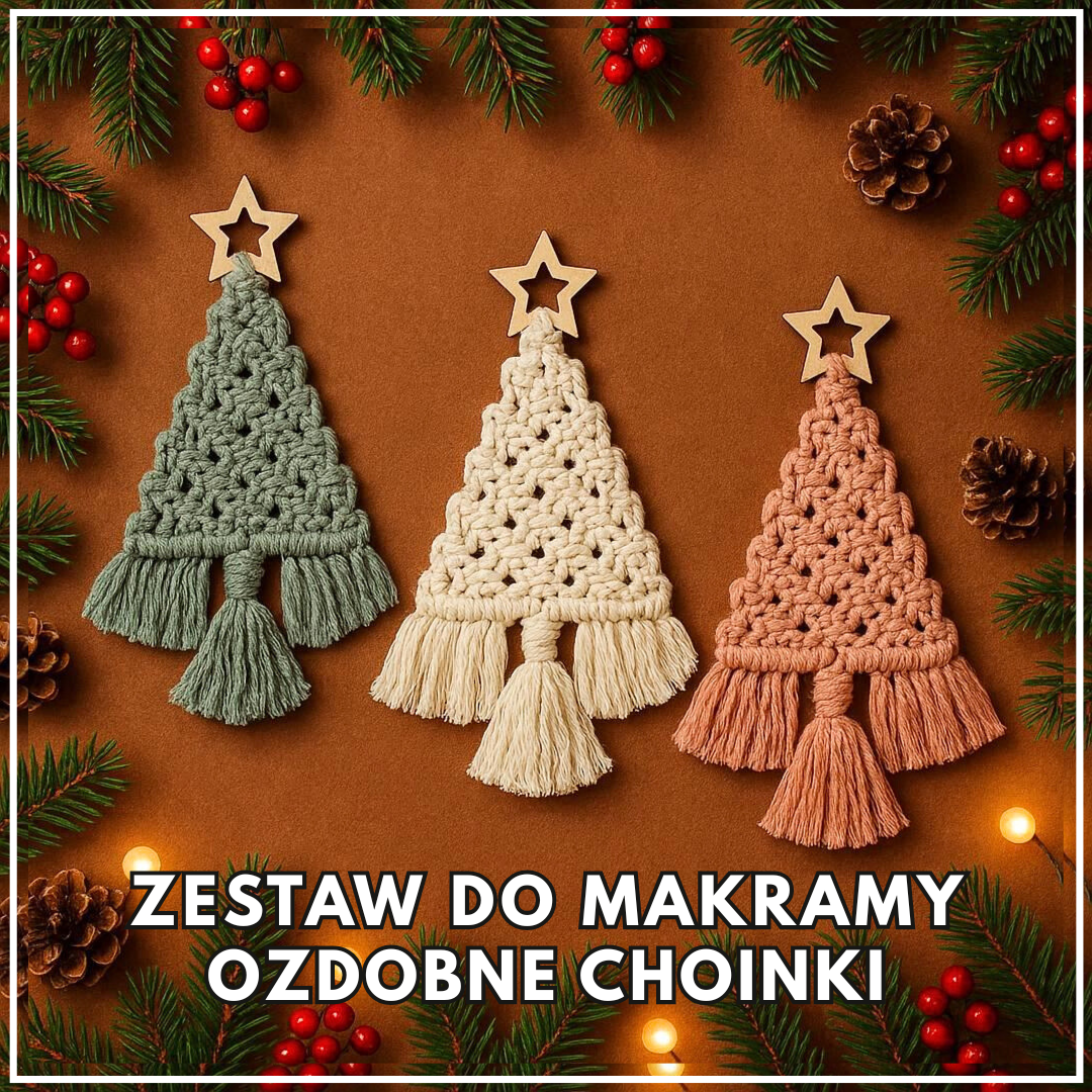 Makramowe choinki boho w trzech kolorach – dekoracje wykonane ze sznurka z zestawu do makramy DIY