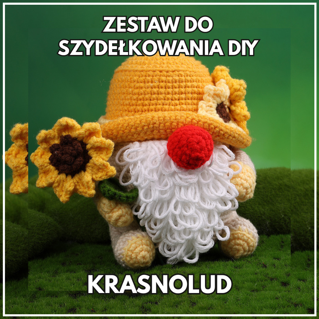 Szydełkowy krasnolud amigurumi w żółtym kapeluszu z kwiatem i białą brodą – projekt z zestawu DIY